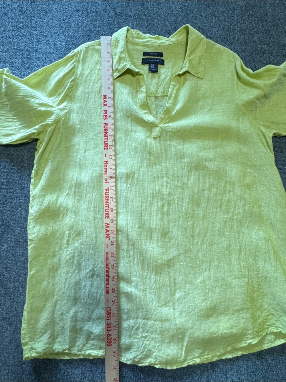 Tahari 100% Linen Tunic Top 1X Lemon Yellow Roll Tab Sleeve V Neck Relaxed - Picture 10 of 12